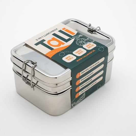 stainless steel bento lunchbox met talli label