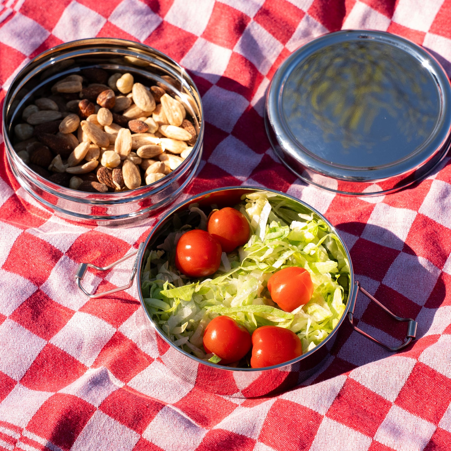 Stainless steel lunch box on a blanket in the sun filled with healthy snacks