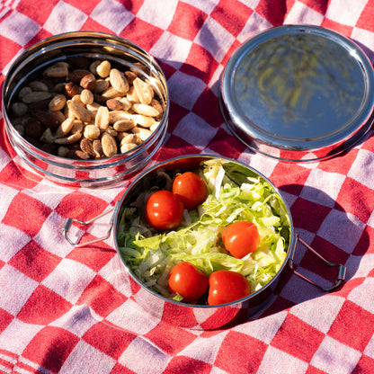 Stainless steel lunch box on a blanket in the sun filled with healthy snacks