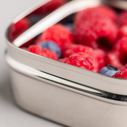 Close up of the edge of a stainless steel snack box/fruit container