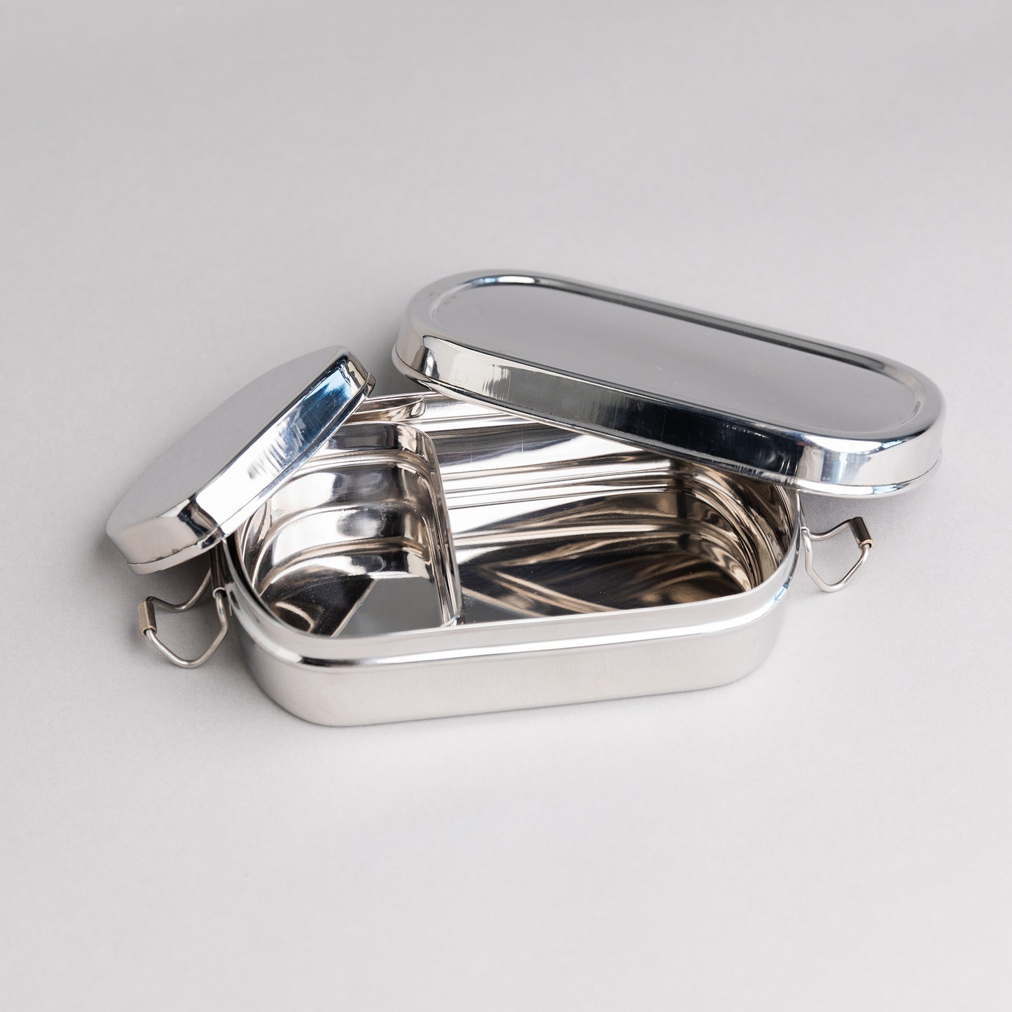 stainless steel bento lunch box for children on a gray background