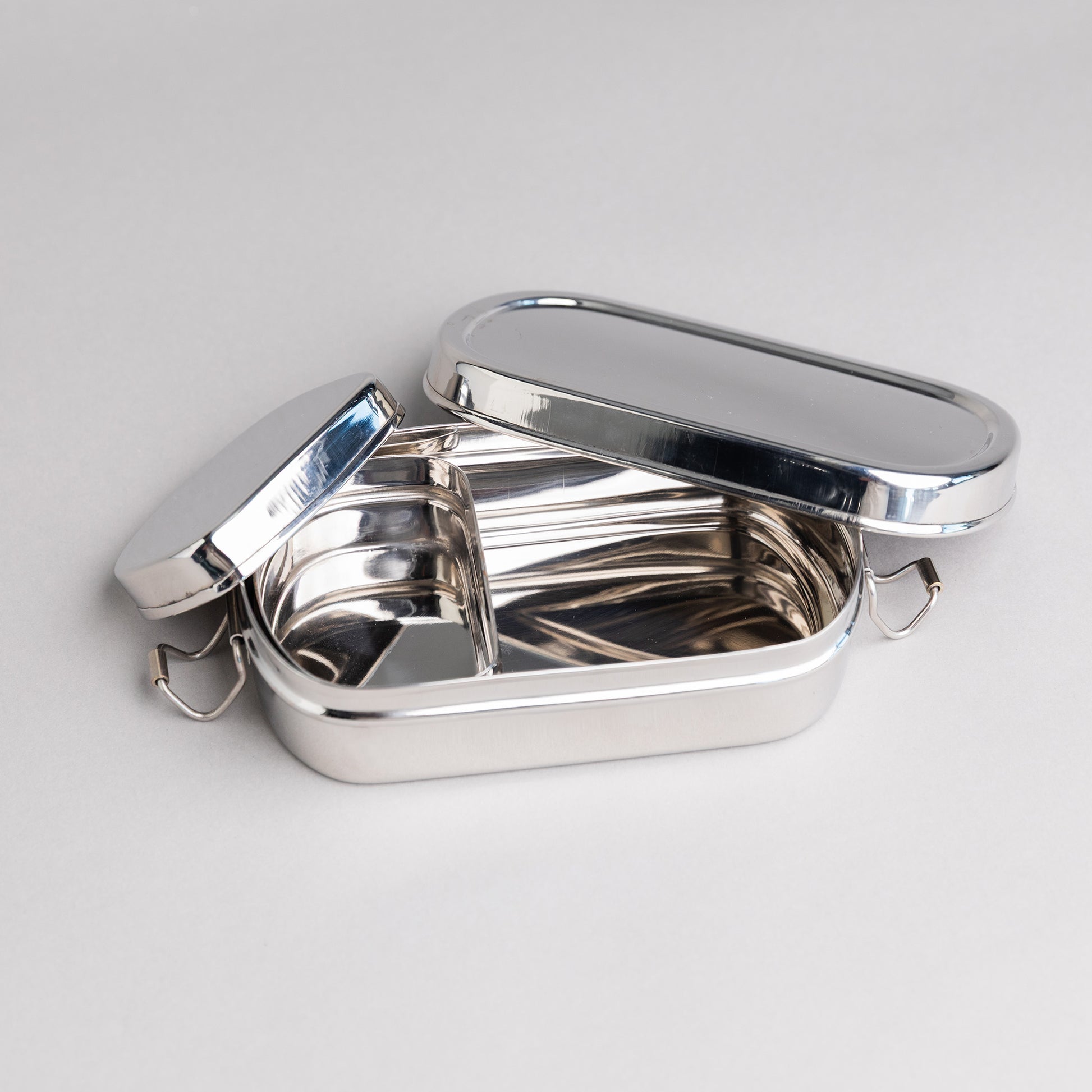 stainless steel bento lunch box for children on a gray background