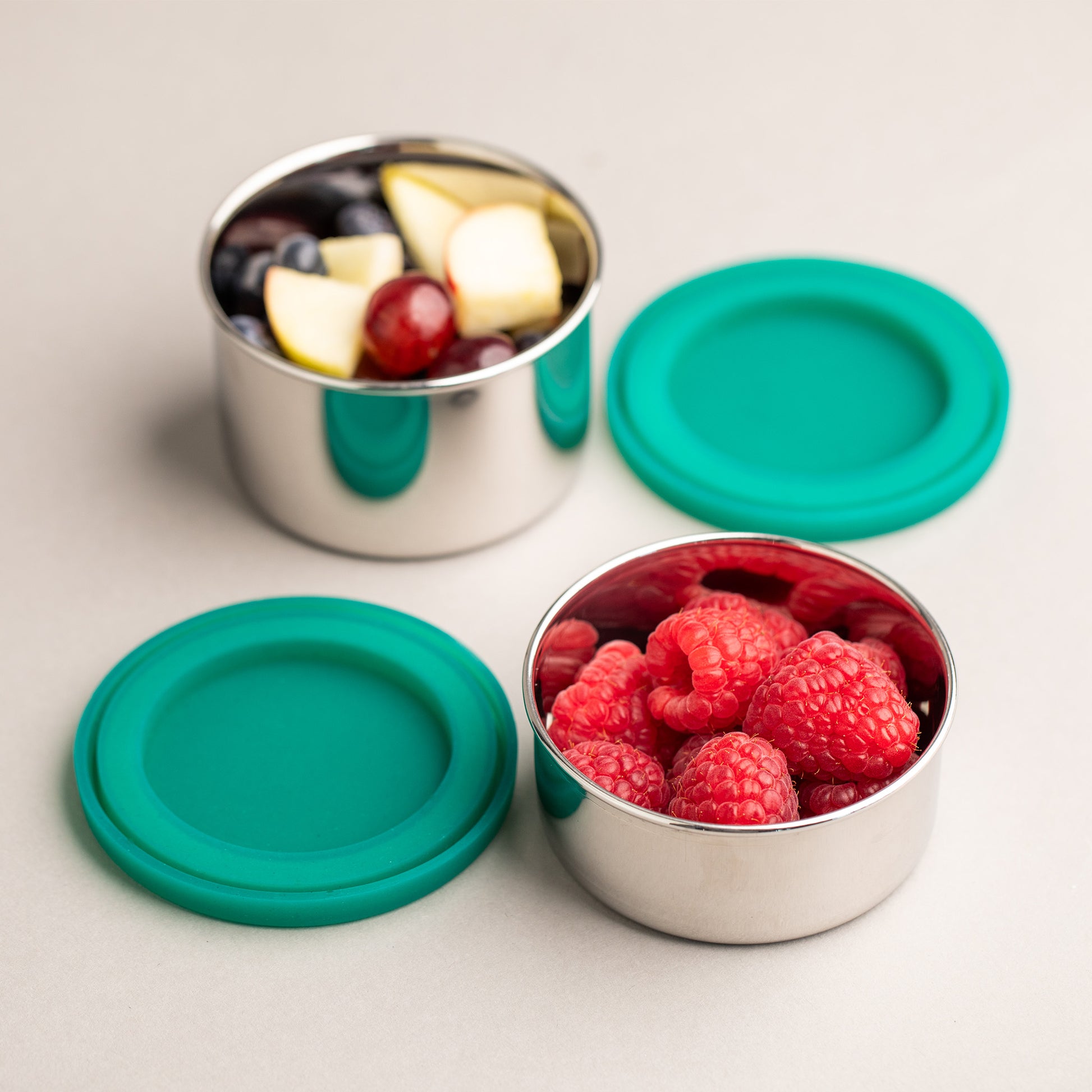 Stainless steel snack box and fruit bowl with silicone lid