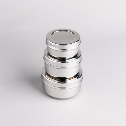 stack of 3 stainless steel snack boxes
