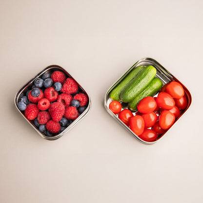 two stainless steel snack boxes filled with fruit and vegetables