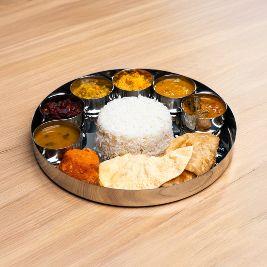 thali plate from India filled with rice and curry