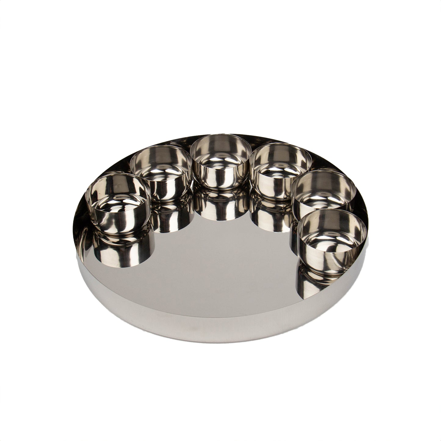 stainless steel thali plate with 6 bowls on white background