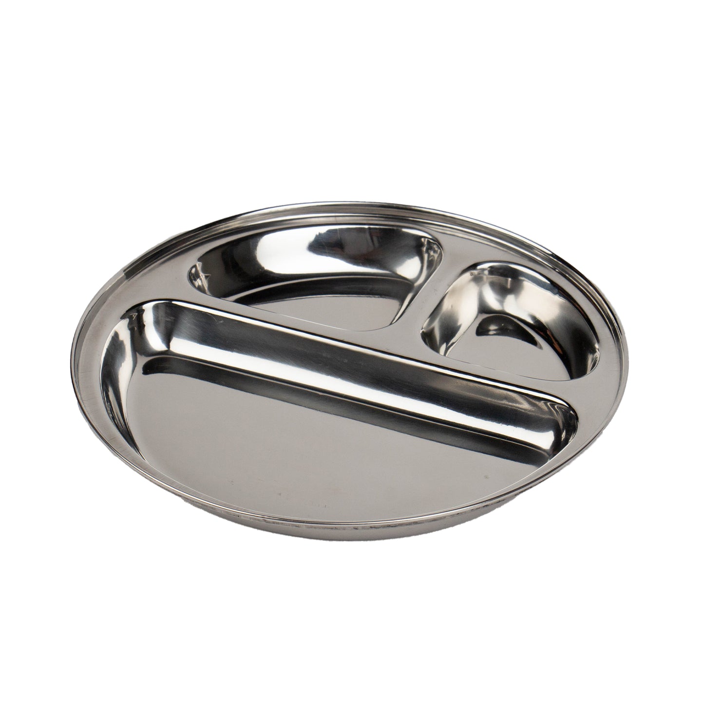 round stainless steel plate with boxes for children on white background