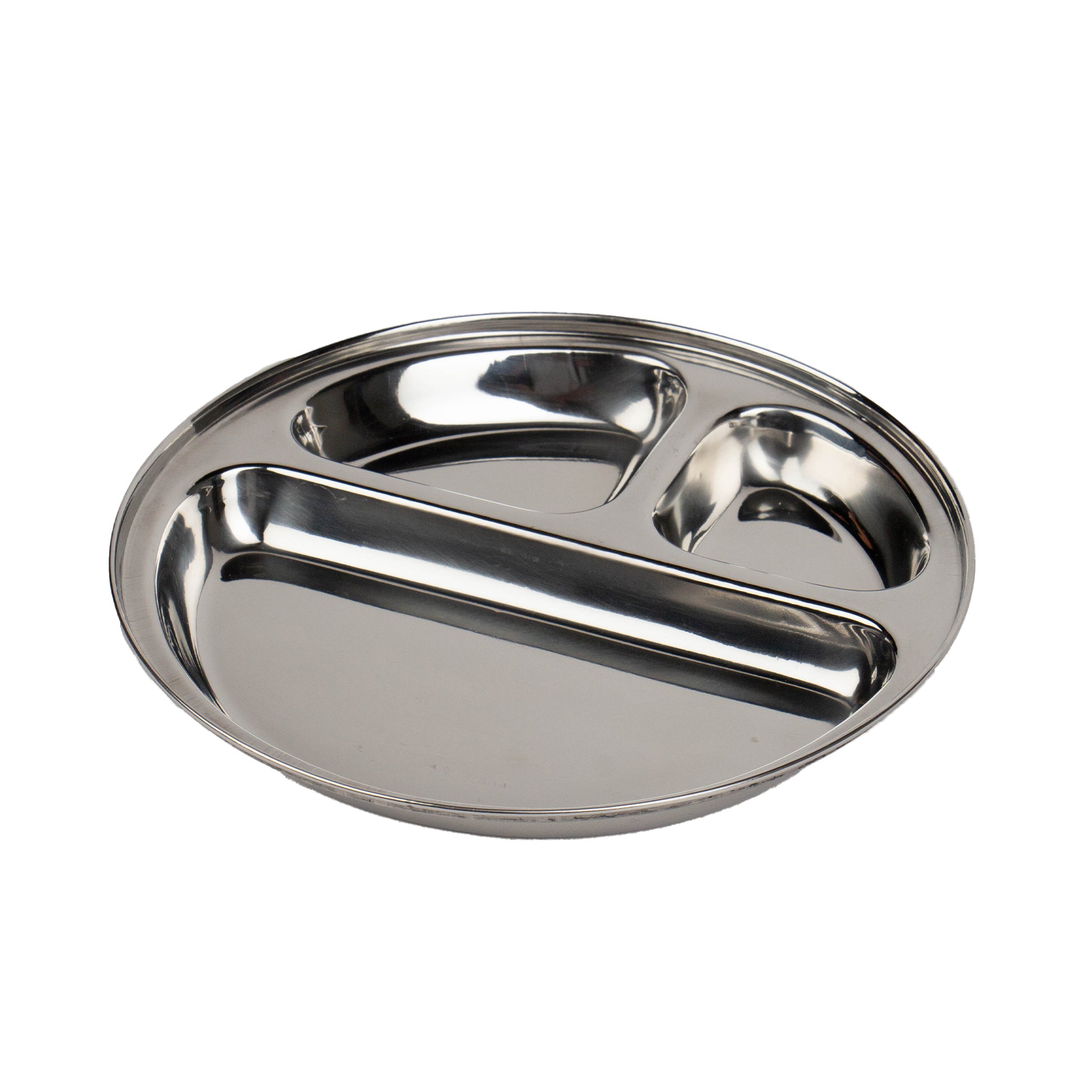 round stainless steel plate with boxes for children on white background