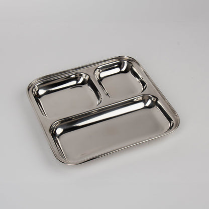 square stainless steel plate with boxes from above on a white background