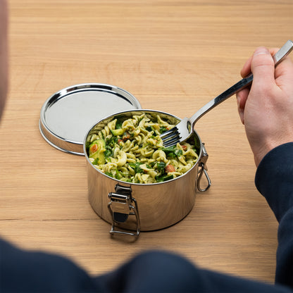 Leakproof stainless steel lunch box filled with pasta and fork