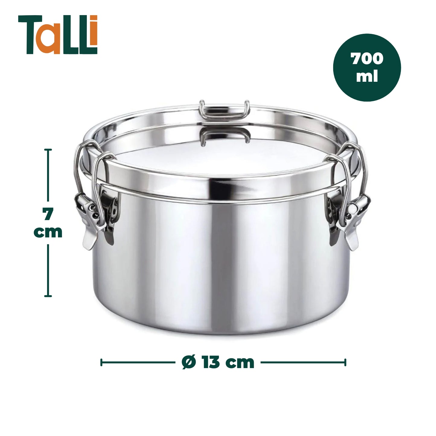 stainless steel leak-proof lunch box with dimensions and talli logo