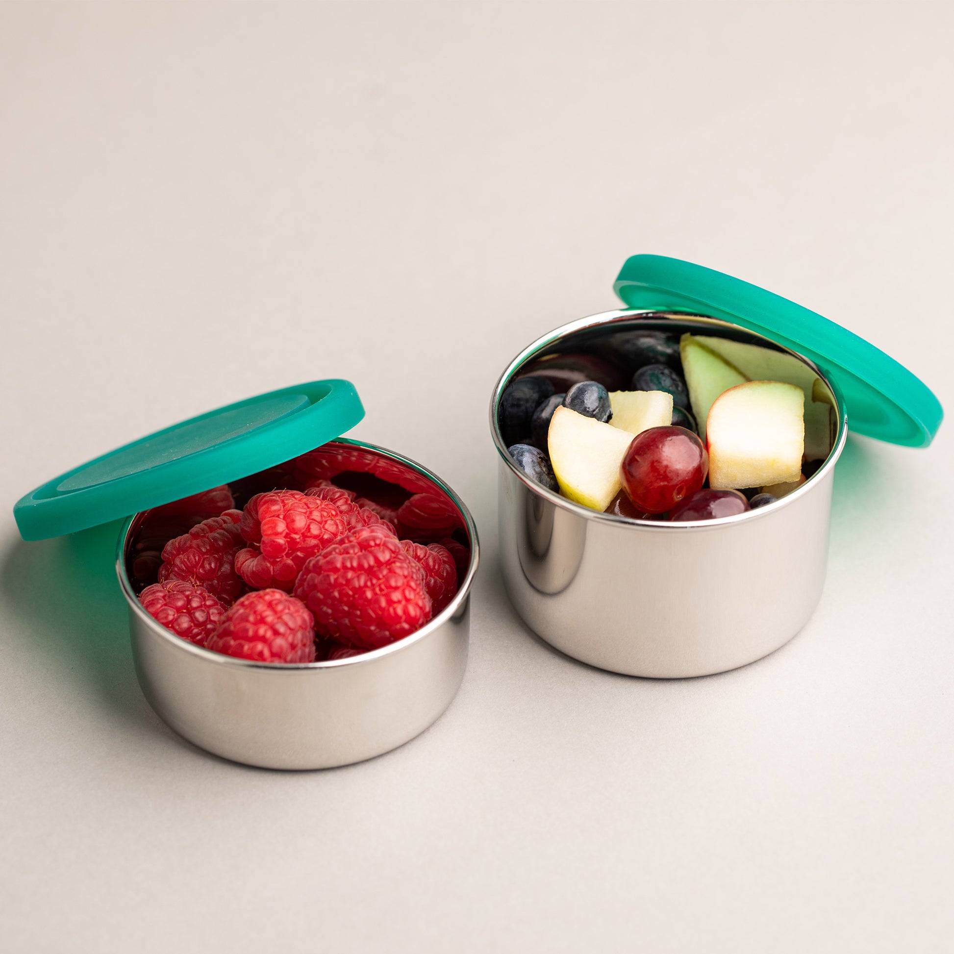 Leakproof stainless steel fruit containers filled with fruit