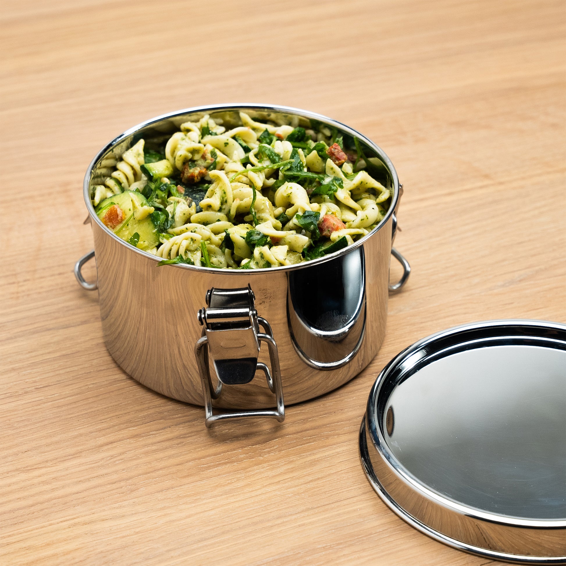 stainless steel leak-proof lunch box filled with pasta