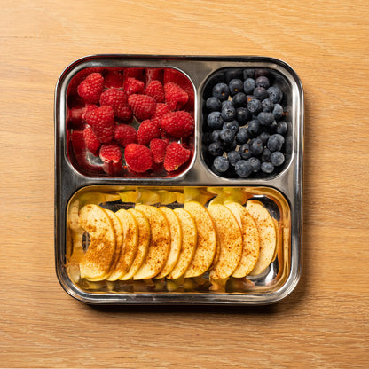 top view stainless steel children's plate with compartments. filled with apple and raspberry